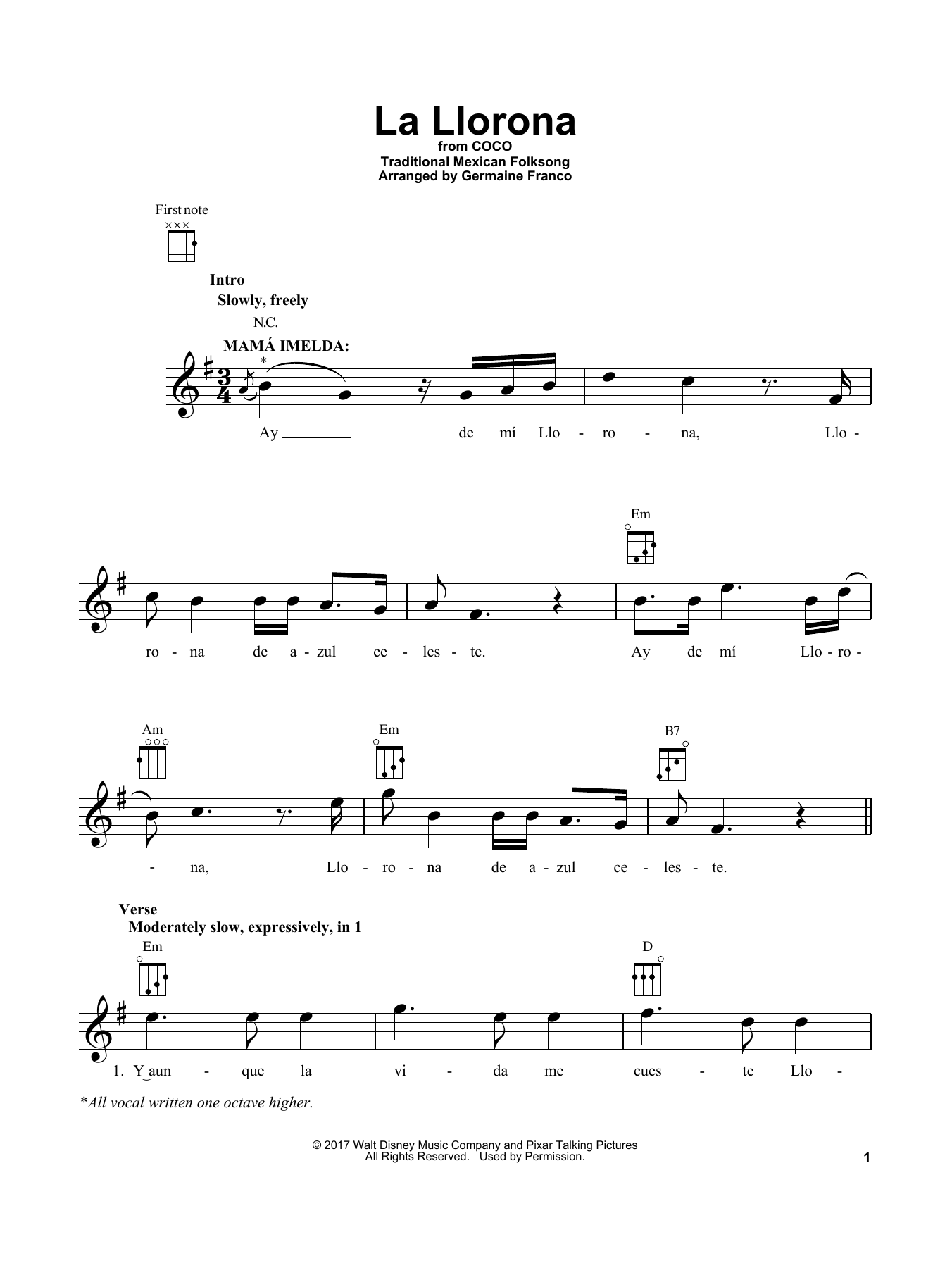 Download Germaine Franco (arr.) La Llorona Sheet Music and learn how to play Piano, Vocal & Guitar (Right-Hand Melody) PDF digital score in minutes