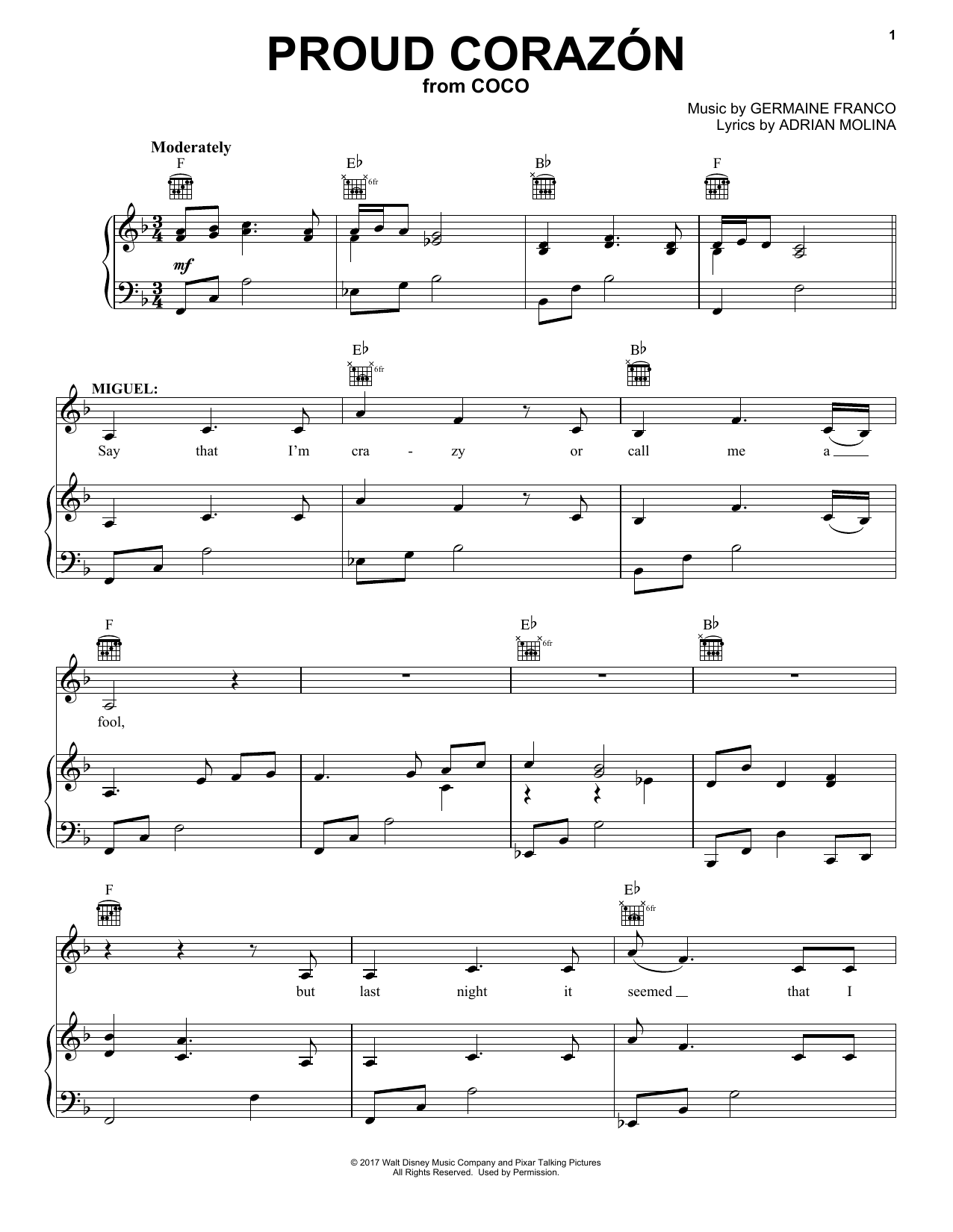 Download Adrian Molina Proud Corazon Sheet Music and learn how to play Piano, Vocal & Guitar (Right-Hand Melody) PDF digital score in minutes