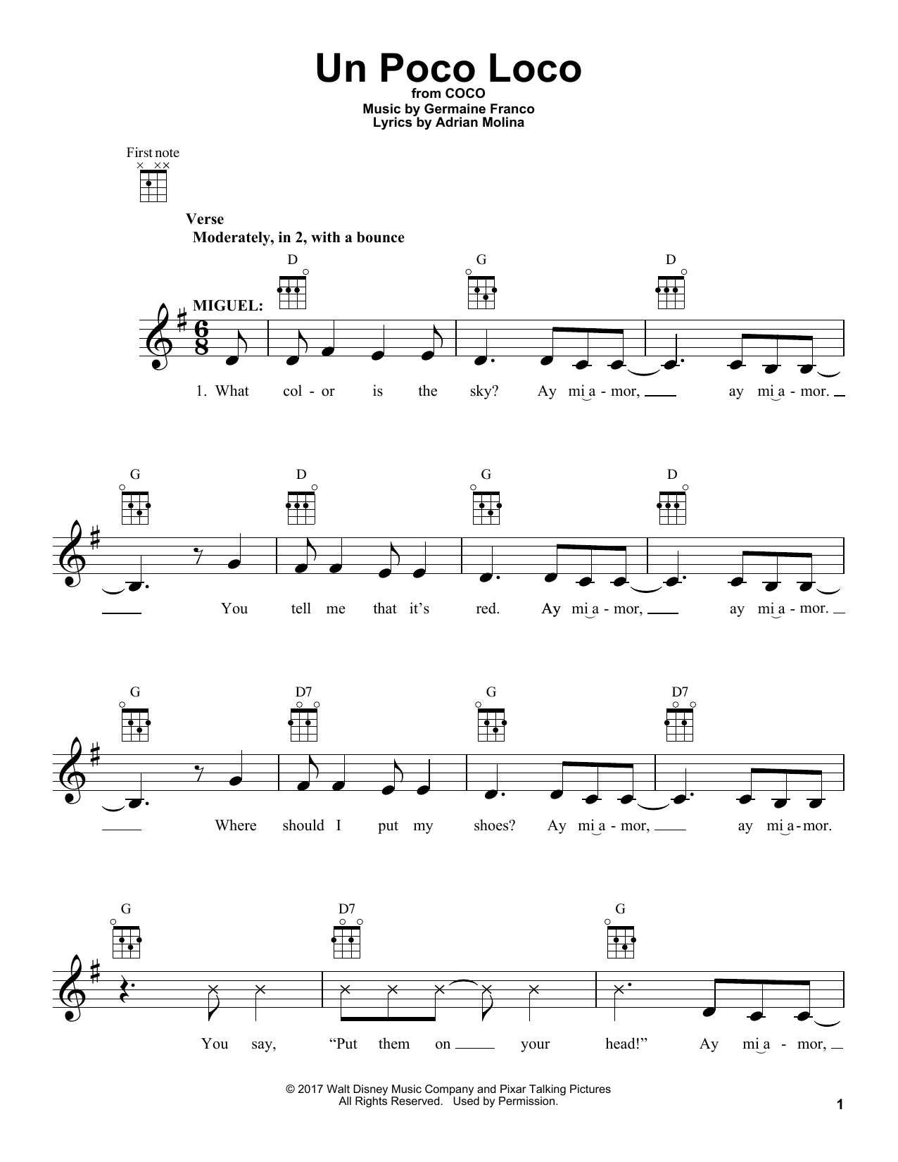 Download Adrian Molina Un Poco Loco Sheet Music and learn how to play Ukulele PDF digital score in minutes