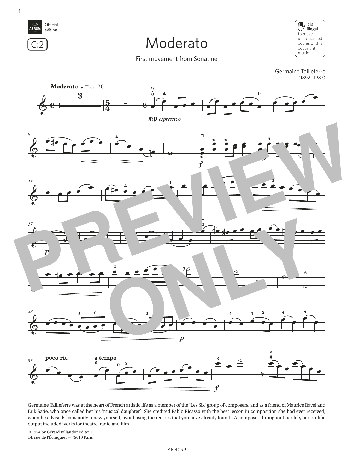 Download Germaine Tailleferre Moderato (Grade 5, C2, from the ABRSM Violin Syllabus from 2024) Sheet Music and learn how to play Violin Solo PDF digital score in minutes