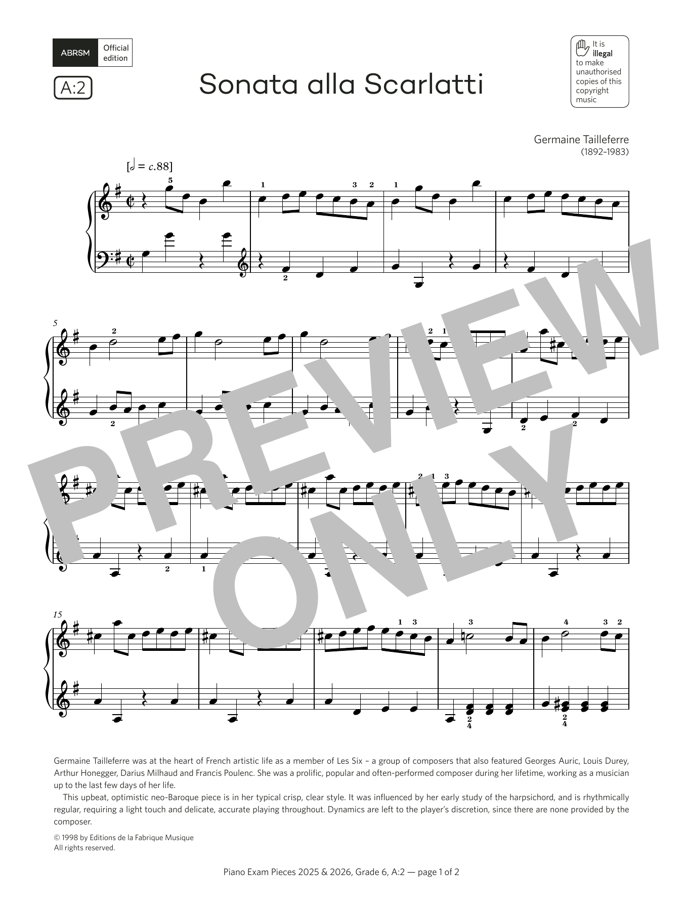 Download Germaine Tailleferre Sonata alla Scarlatti (Grade 6, list A2, from the ABRSM Piano Syllabus 2025 & 20 Sheet Music and learn how to play Piano Solo PDF digital score in minutes