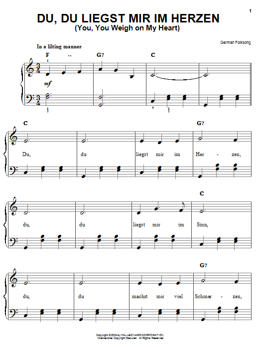 Download German Folk Song Du, Du Liegst Mir Im Herzen (You, You Weigh On My Heart) Sheet Music and learn how to play Easy Piano PDF digital score in minutes