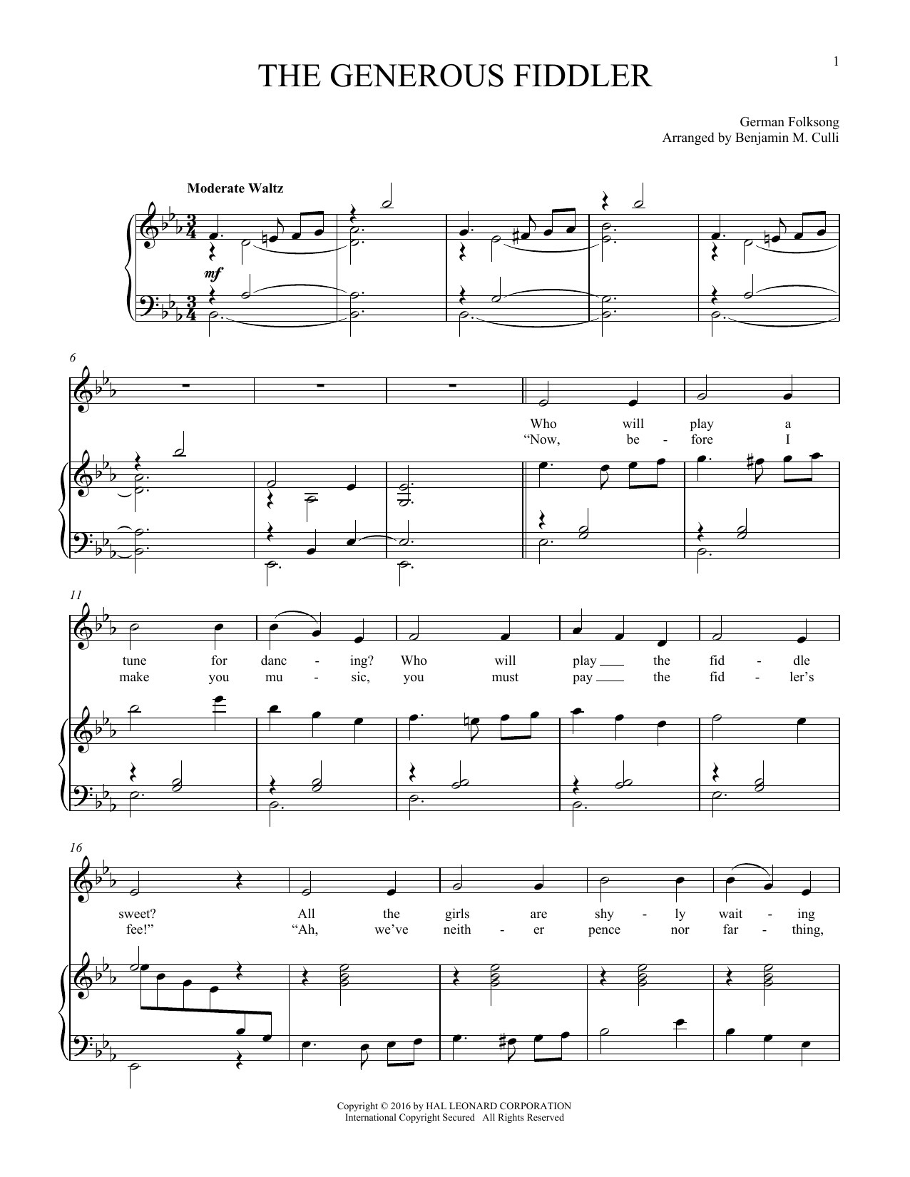 Download German Folk Song The Generous Fiddler Sheet Music and learn how to play Piano & Vocal PDF digital score in minutes