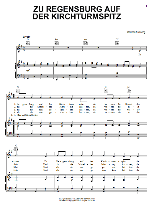 Download German Folk Song Zu Regensburg Auf Der Kirchturmspitz Sheet Music and learn how to play Piano, Vocal & Guitar (Right-Hand Melody) PDF digital score in minutes
