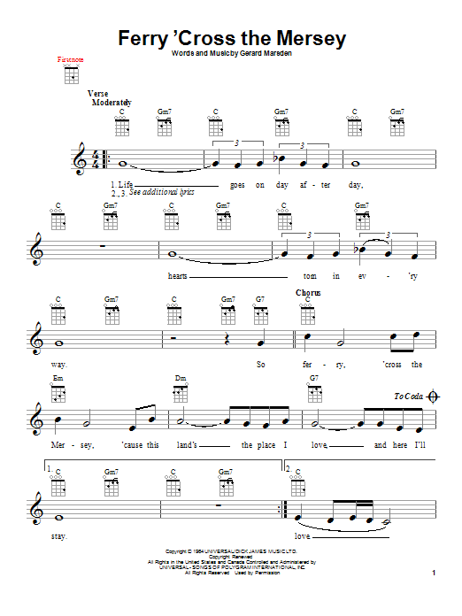Download Gerry And The Pacemakers Ferry 'Cross The Mersey Sheet Music and learn how to play Ukulele PDF digital score in minutes