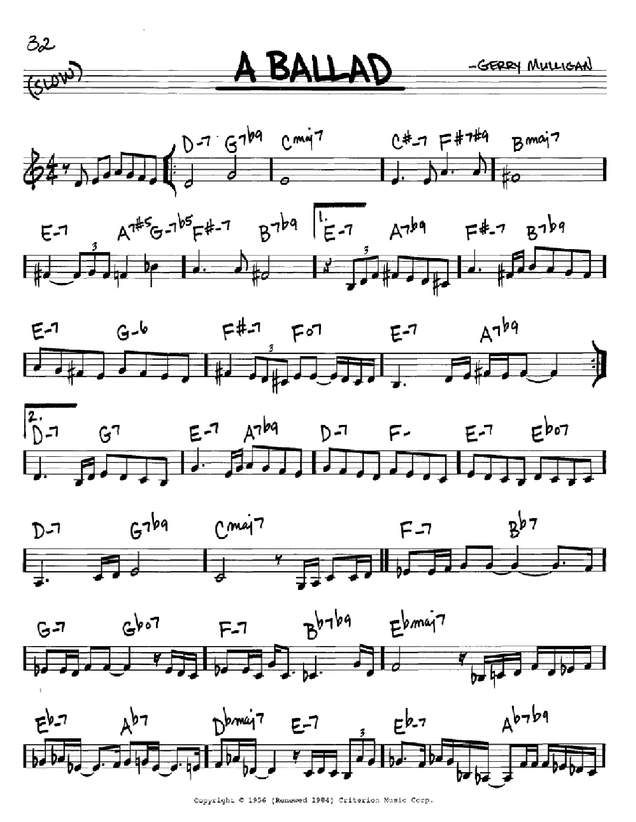 Download Gerry Mulligan A Ballad Sheet Music and learn how to play Baritone Sax Transcription PDF digital score in minutes