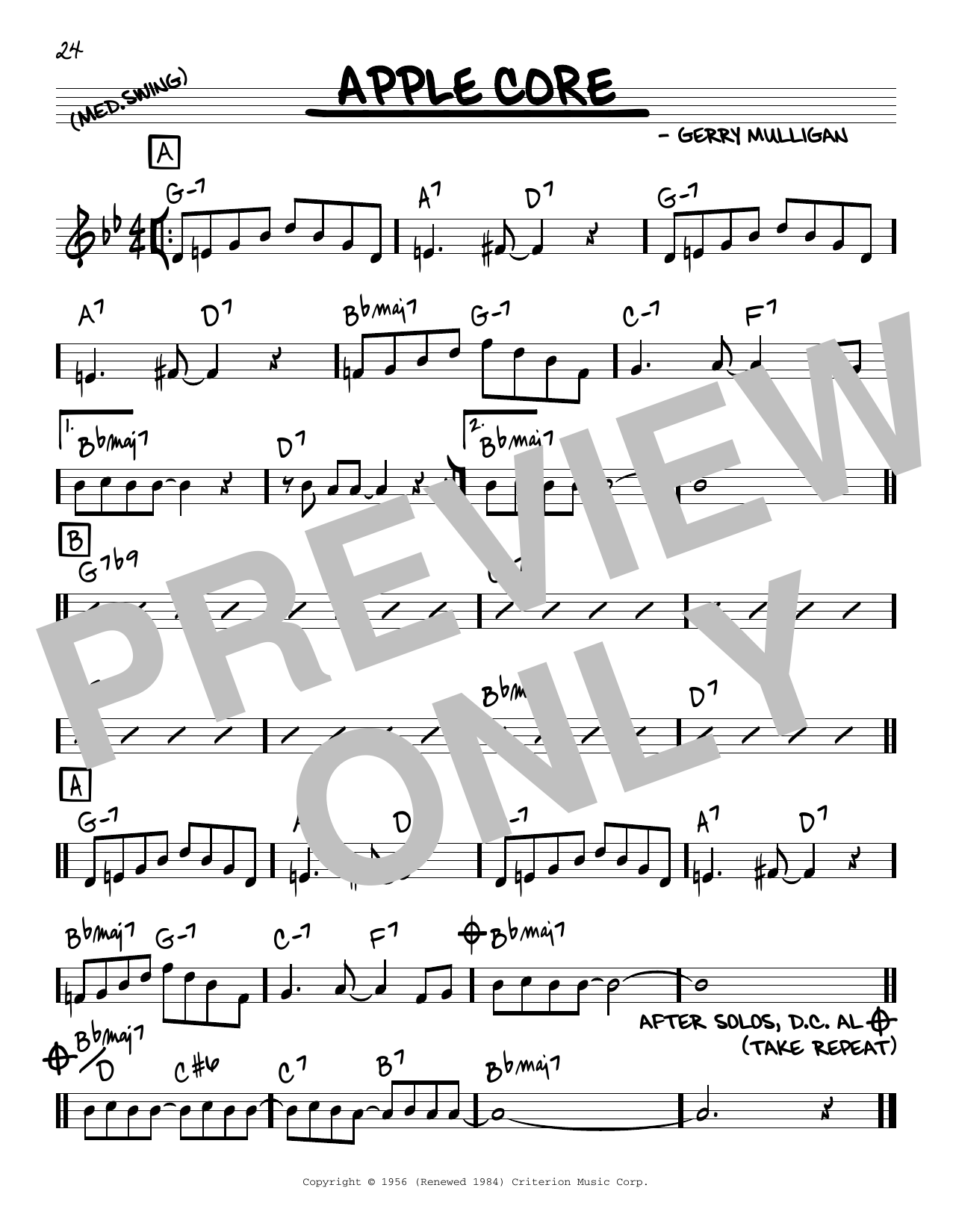 Download Gerry Mulligan Apple Core Sheet Music and learn how to play Real Book – Melody & Chords PDF digital score in minutes