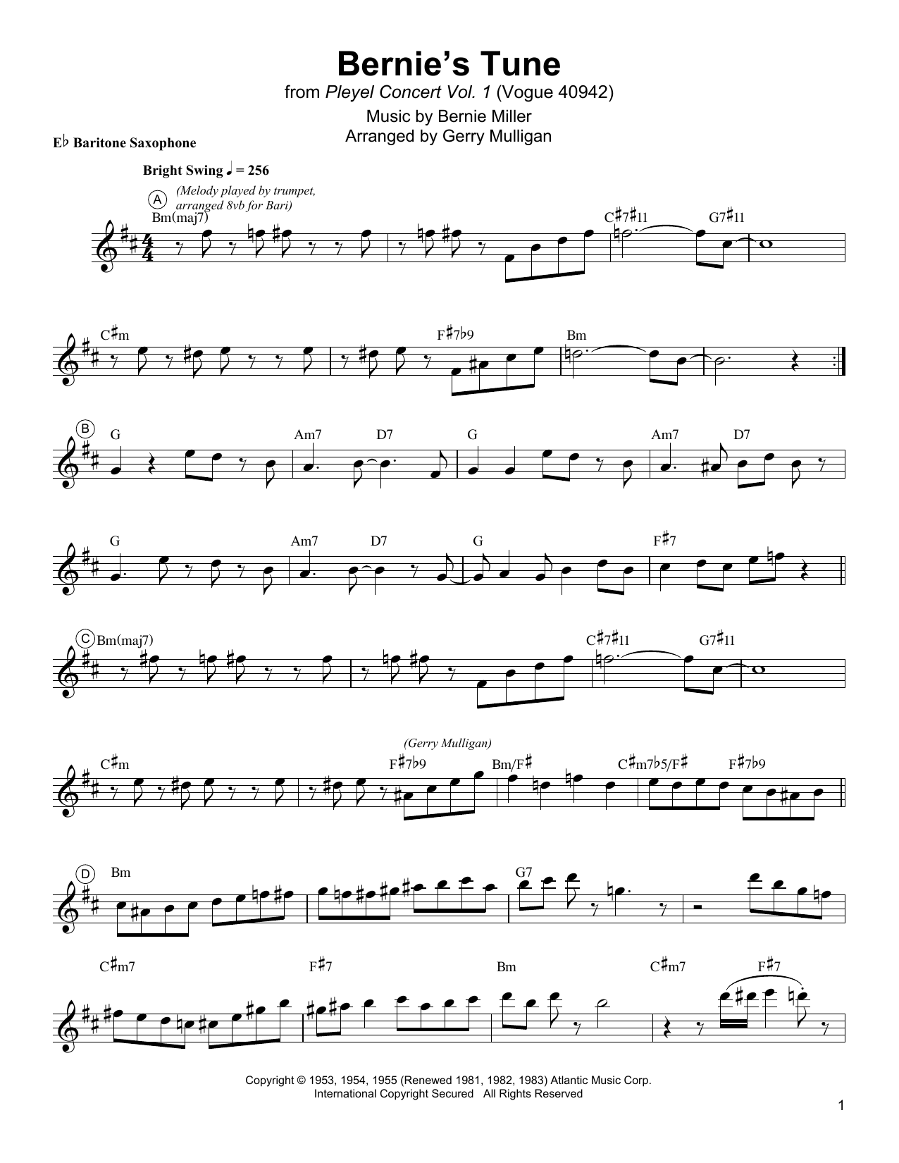 Download Gerry Mulligan Bernie's Tune Sheet Music and learn how to play Baritone Sax Transcription PDF digital score in minutes