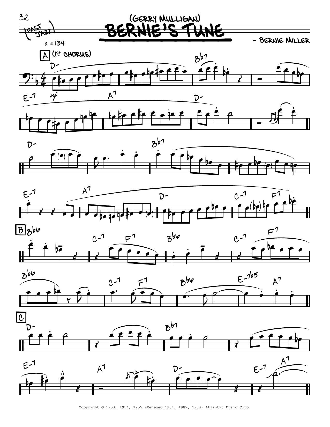 Download Gerry Mulligan Bernie's Tune (solo only) Sheet Music and learn how to play Real Book – Melody & Chords PDF digital score in minutes