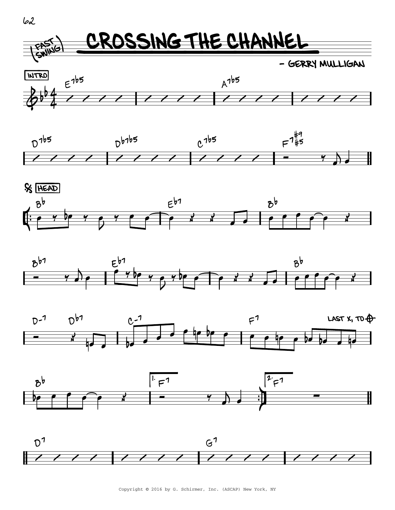 Download Gerry Mulligan Crossing The Channel Sheet Music and learn how to play Real Book – Melody & Chords PDF digital score in minutes