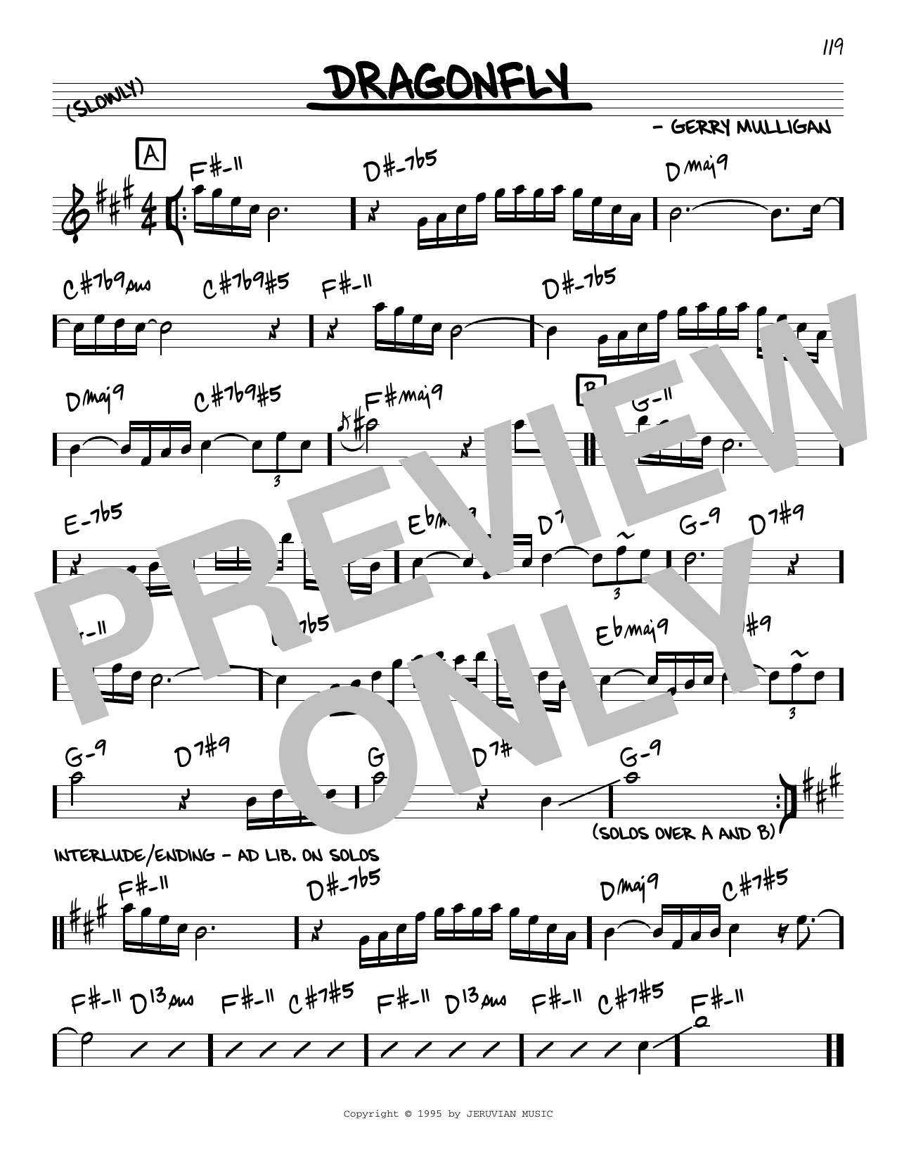 Download Gerry Mulligan Dragonfly Sheet Music and learn how to play Real Book – Melody & Chords PDF digital score in minutes