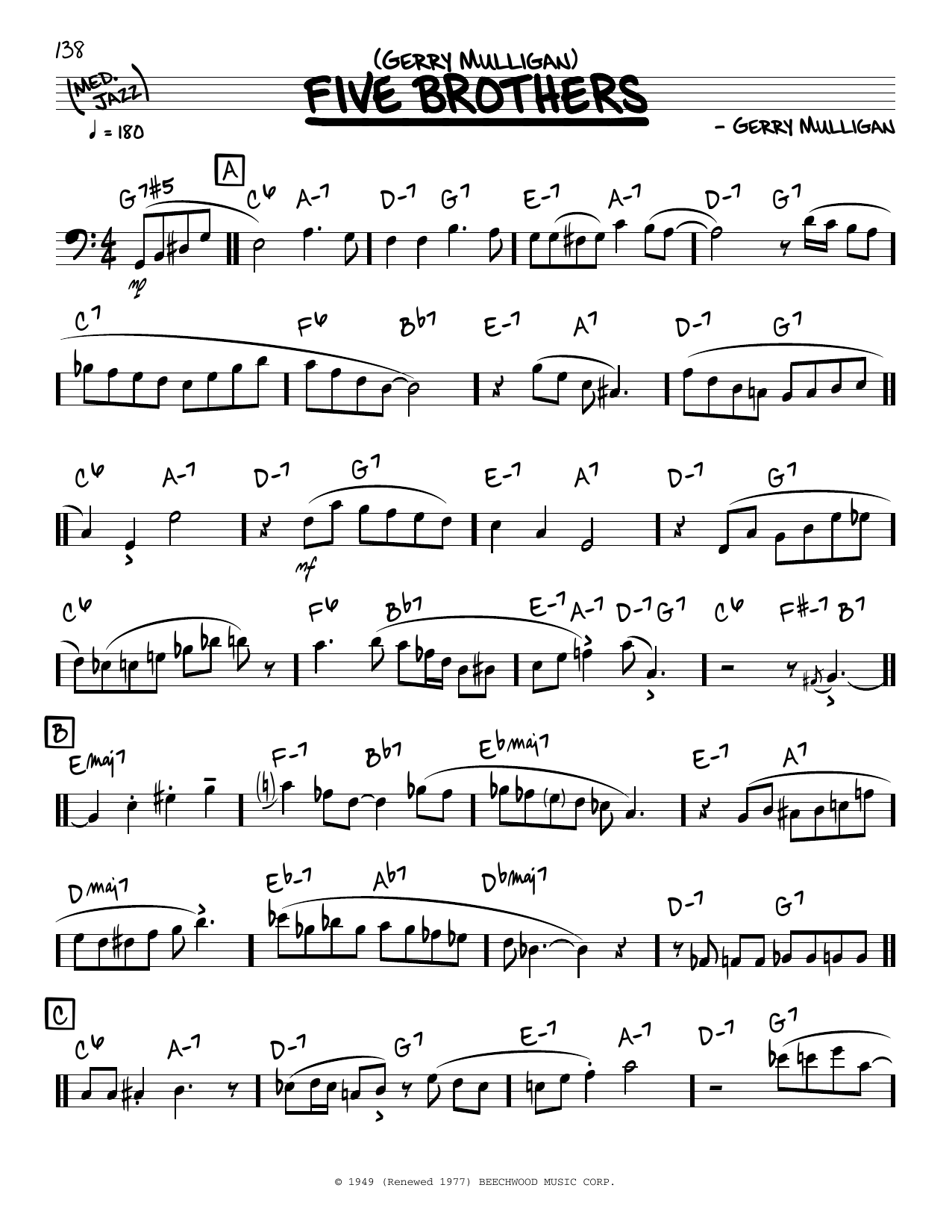 Download Gerry Mulligan Five Brothers (solo only) Sheet Music and learn how to play Real Book – Melody & Chords PDF digital score in minutes