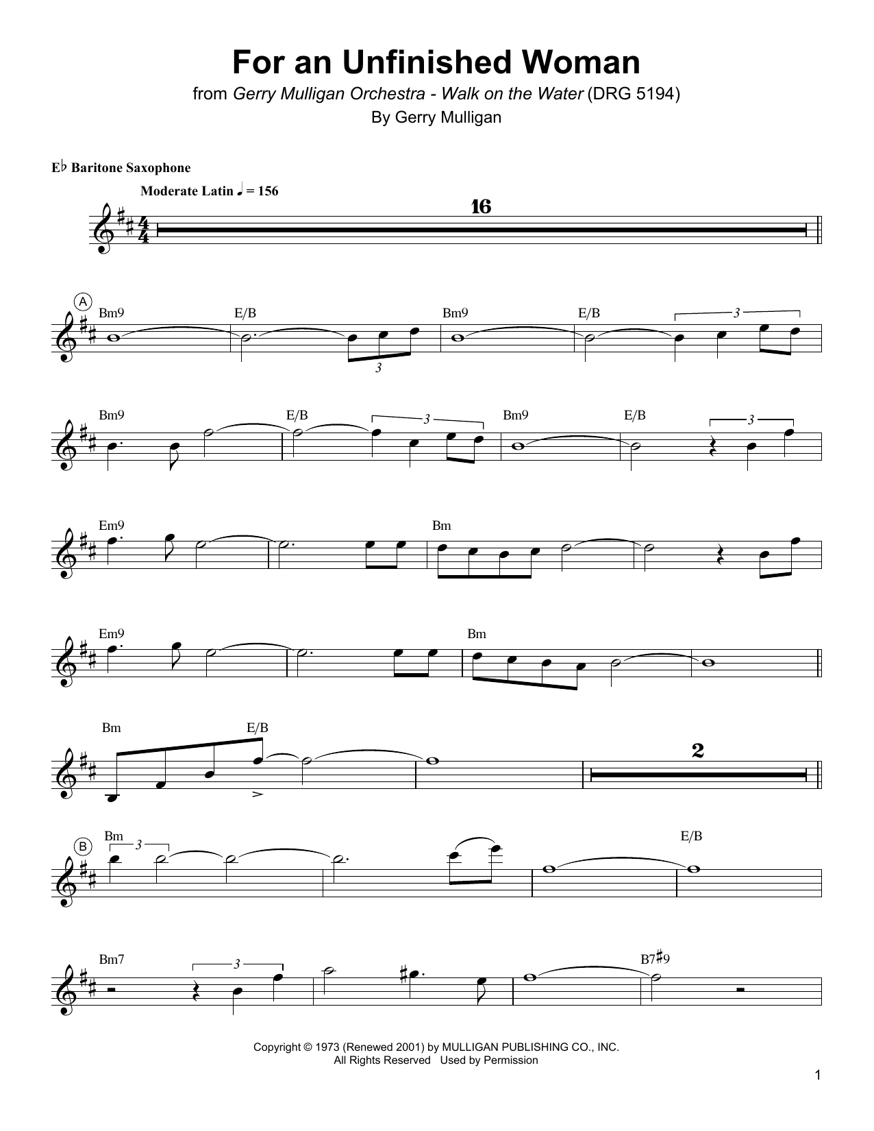 Download Gerry Mulligan For An Unfinished Woman Sheet Music and learn how to play Baritone Sax Transcription PDF digital score in minutes