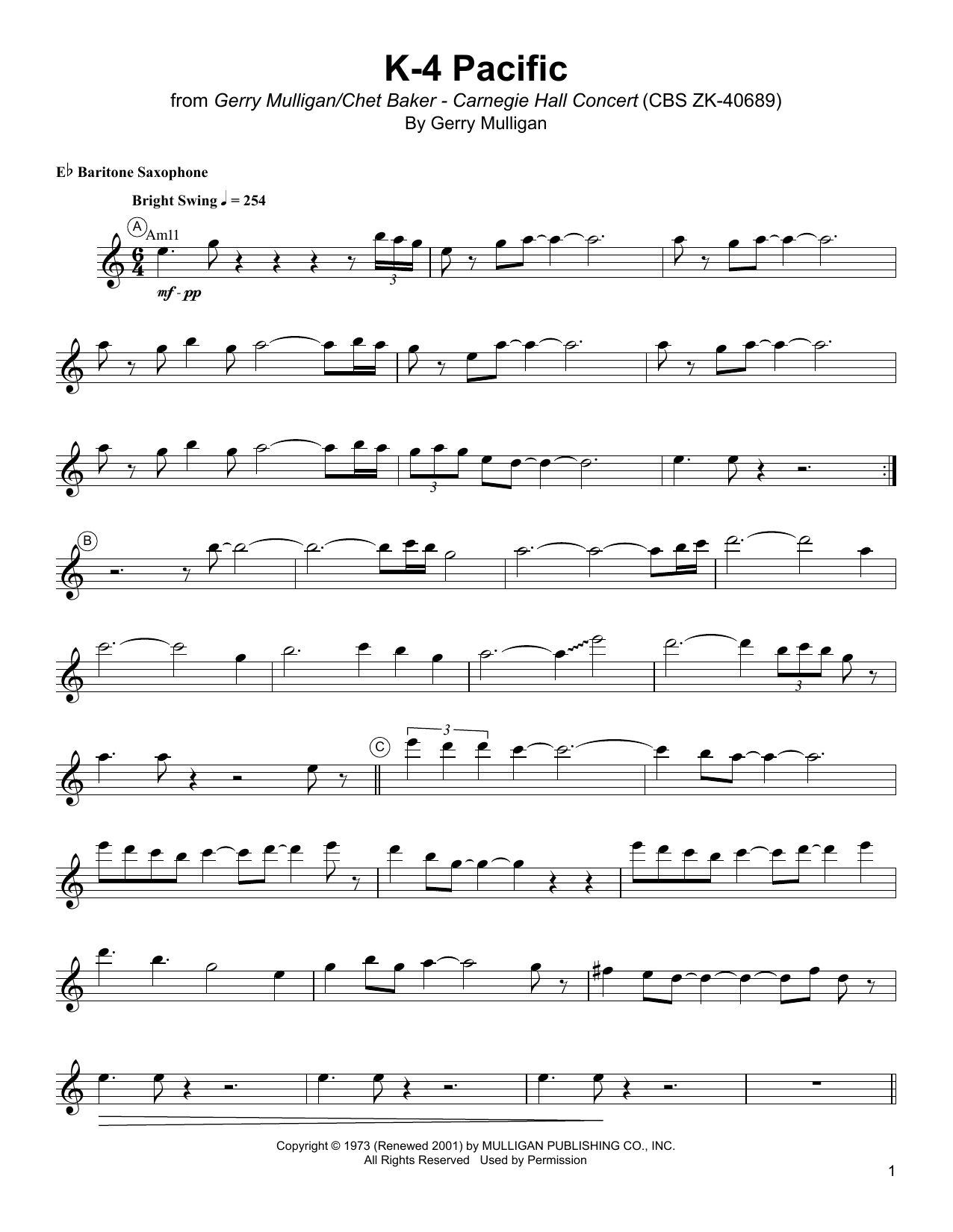 Download Gerry Mulligan K-4 Pacific Sheet Music and learn how to play Baritone Sax Transcription PDF digital score in minutes