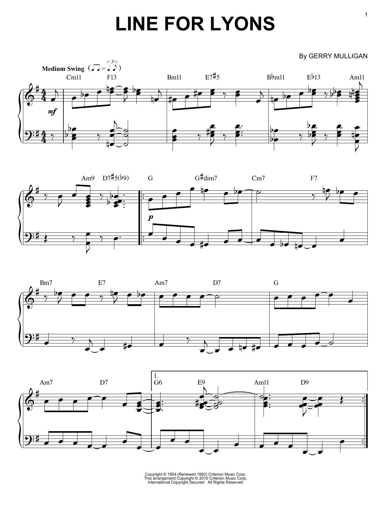 Download Gerry Mulligan Line For Lyons Sheet Music and learn how to play Piano PDF digital score in minutes