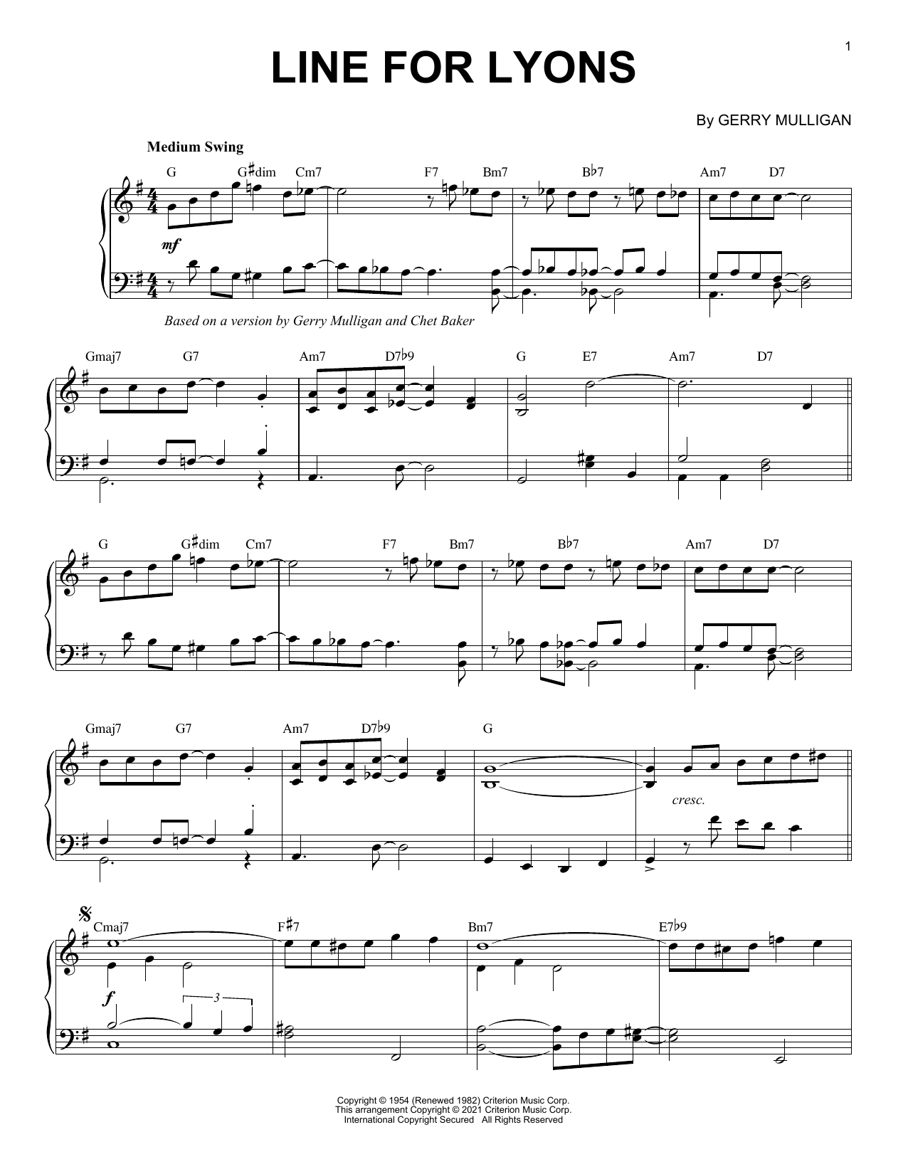 Download Gerry Mulligan Line For Lyons [Jazz version] (arr. Brent Edstrom) Sheet Music and learn how to play Piano Solo PDF digital score in minutes