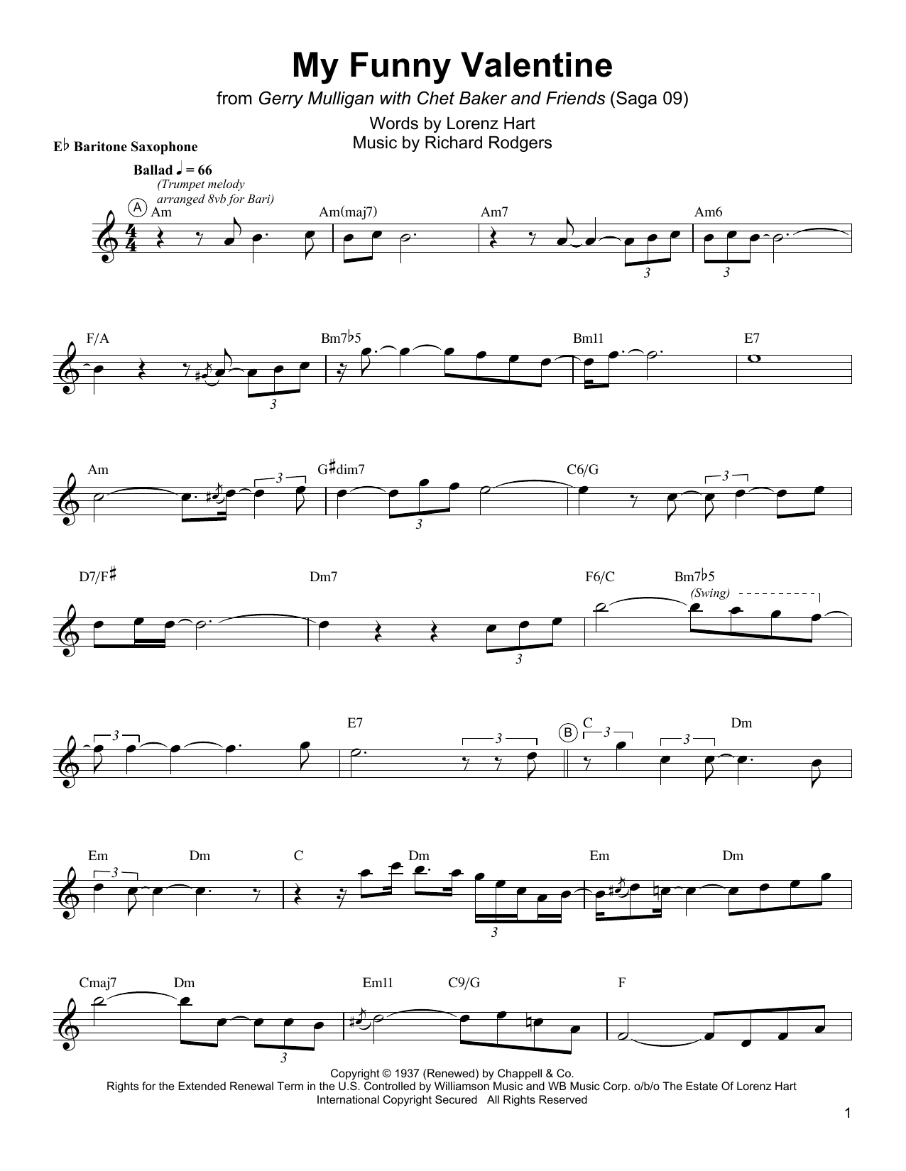 Download Gerry Mulligan My Funny Valentine Sheet Music and learn how to play Baritone Sax Transcription PDF digital score in minutes
