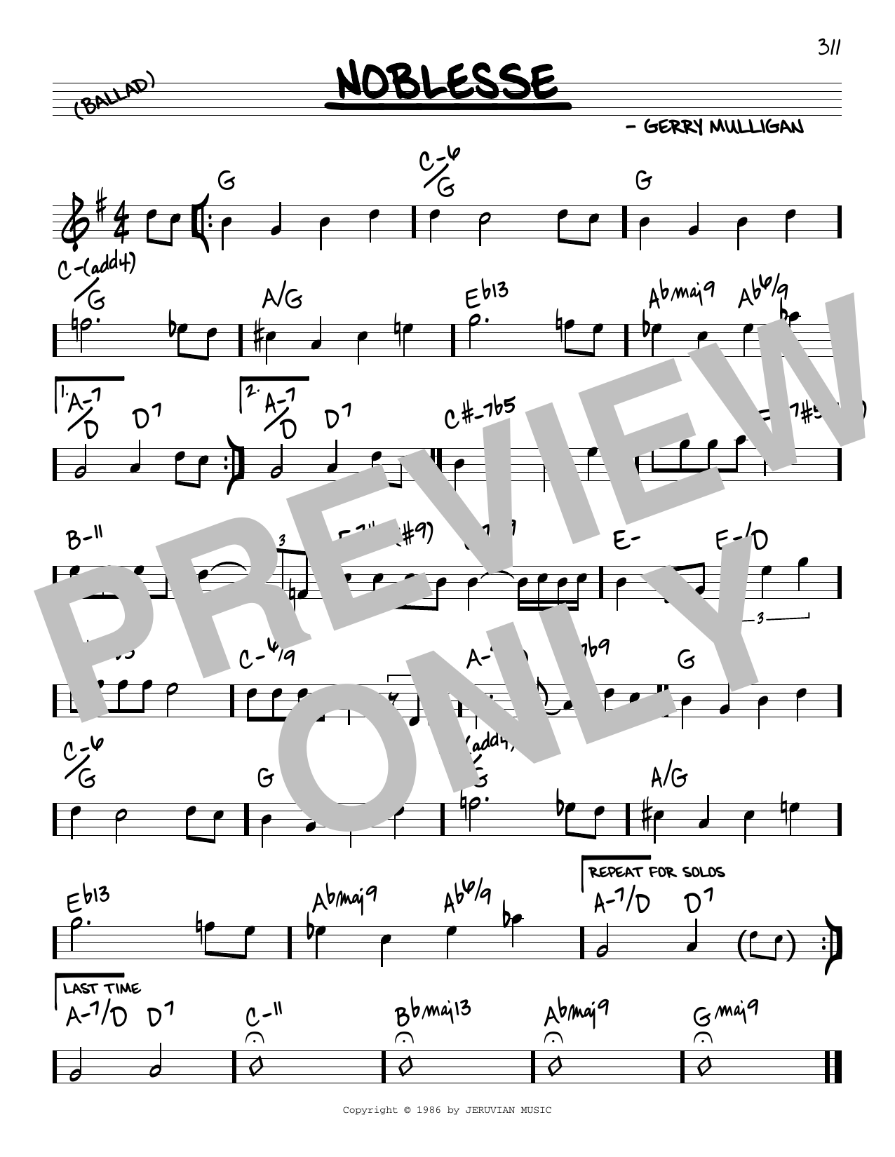 Download Gerry Mulligan Noblesse Sheet Music and learn how to play Real Book – Melody & Chords PDF digital score in minutes