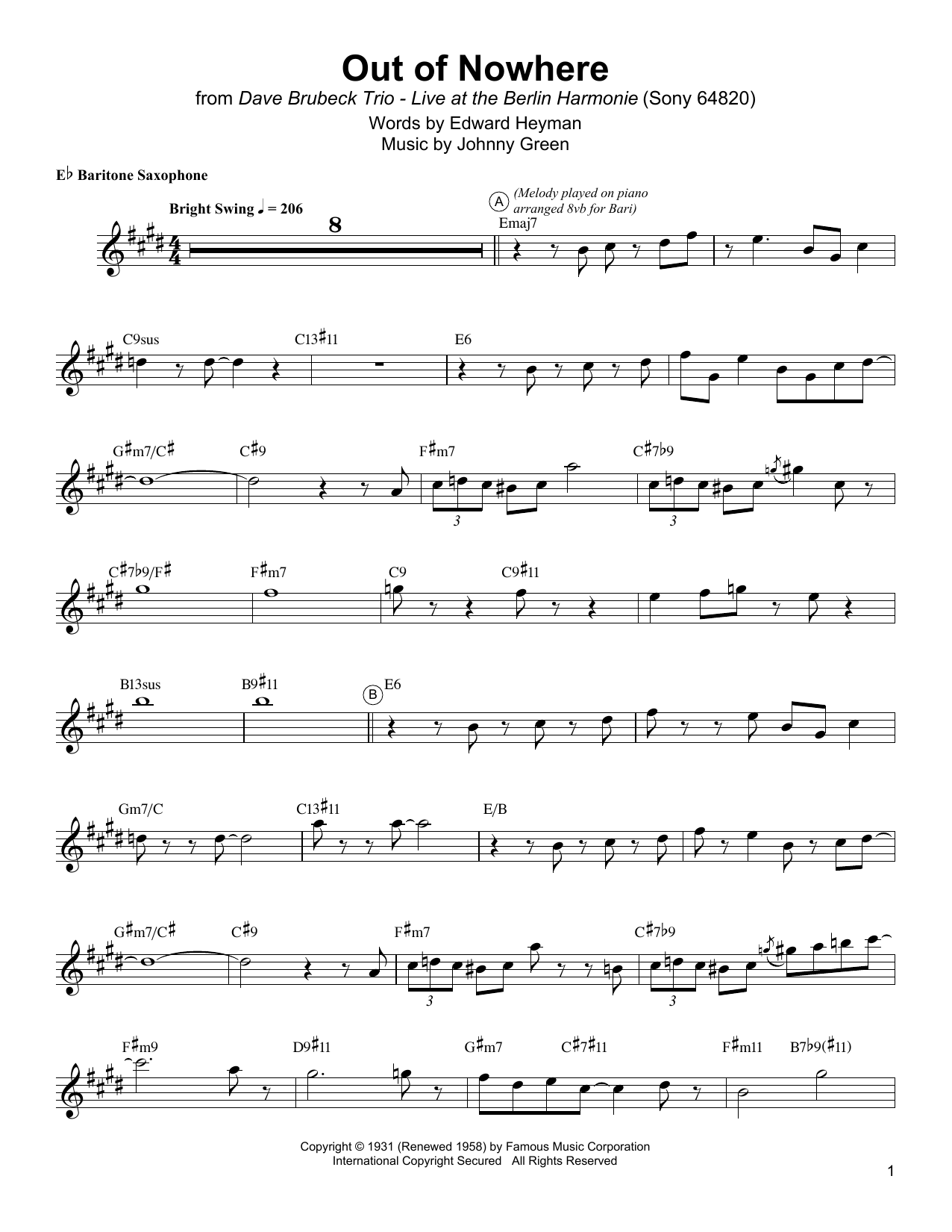 Download Gerry Mulligan Out Of Nowhere Sheet Music and learn how to play Baritone Sax Transcription PDF digital score in minutes