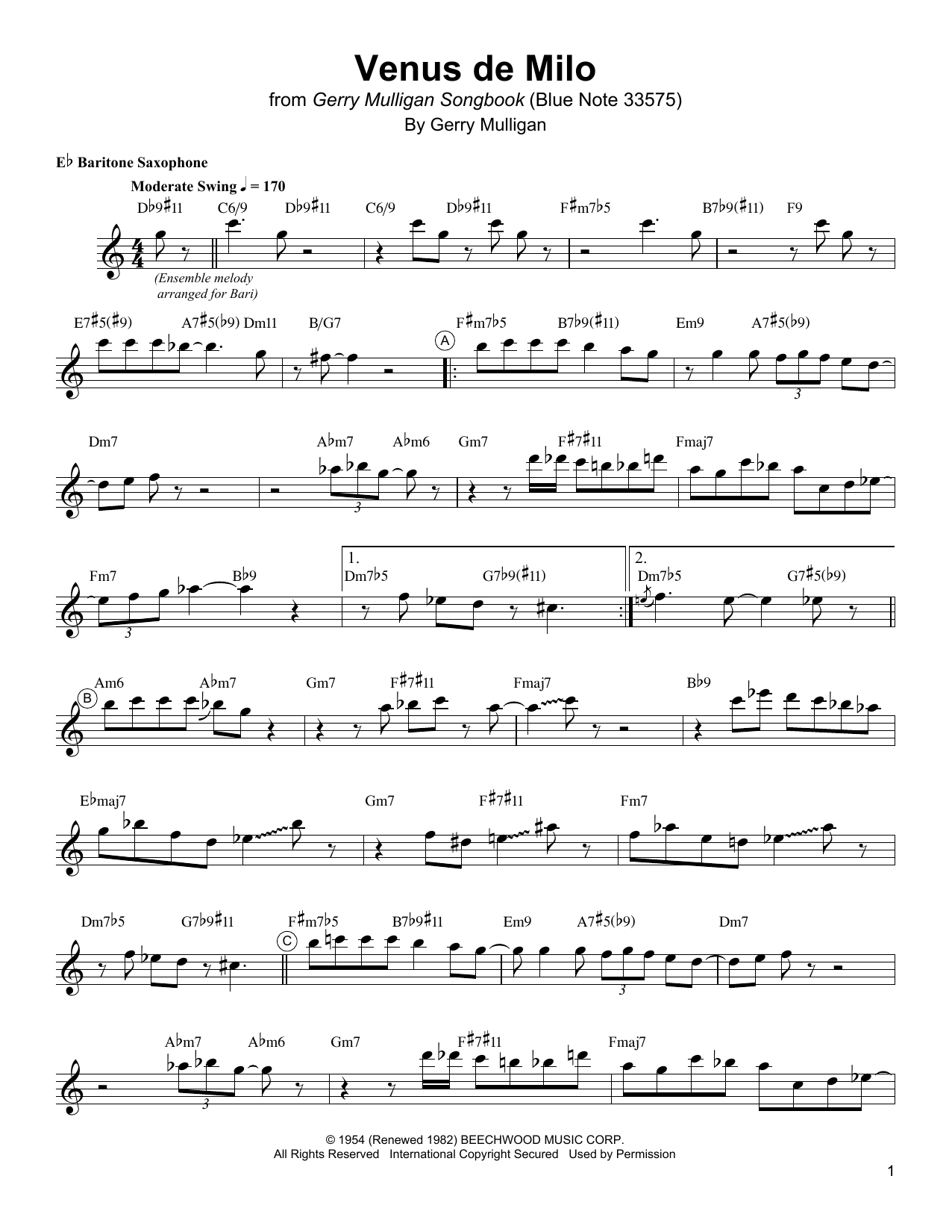 Download Gerry Mulligan Venus De Milo Sheet Music and learn how to play Baritone Sax Transcription PDF digital score in minutes