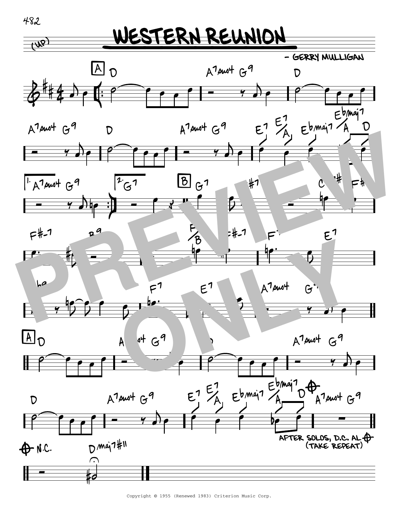 Download Gerry Mulligan Western Reunion Sheet Music and learn how to play Real Book – Melody & Chords PDF digital score in minutes