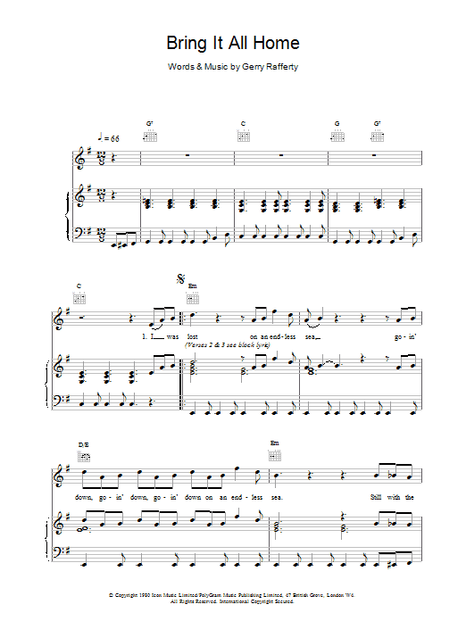 Download Gerry Rafferty Bring It All Home Sheet Music and learn how to play Piano, Vocal & Guitar (Right-Hand Melody) PDF digital score in minutes