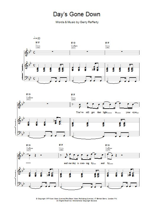 Download Gerry Rafferty Day's Gone Down Sheet Music and learn how to play Piano, Vocal & Guitar (Right-Hand Melody) PDF digital score in minutes