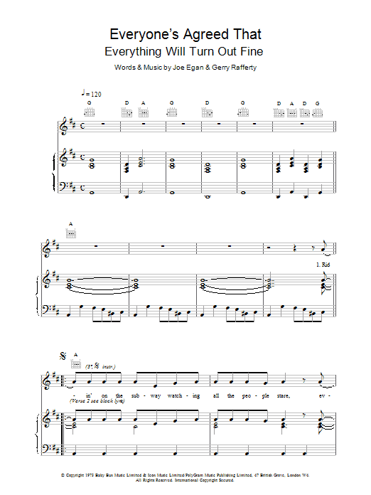 Download Gerry Rafferty Everyone's Agreed That Everything Will Turn Out Fine Sheet Music and learn how to play Piano, Vocal & Guitar (Right-Hand Melody) PDF digital score in minutes