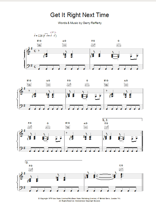 Download Gerry Rafferty Get It Right Next Time Sheet Music and learn how to play Piano, Vocal & Guitar PDF digital score in minutes