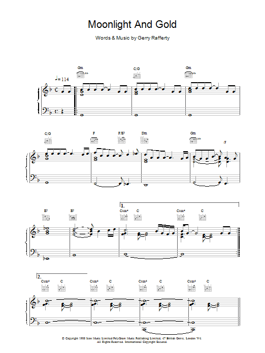 Download Gerry Rafferty Moonlight And Gold Sheet Music and learn how to play Piano, Vocal & Guitar (Right-Hand Melody) PDF digital score in minutes