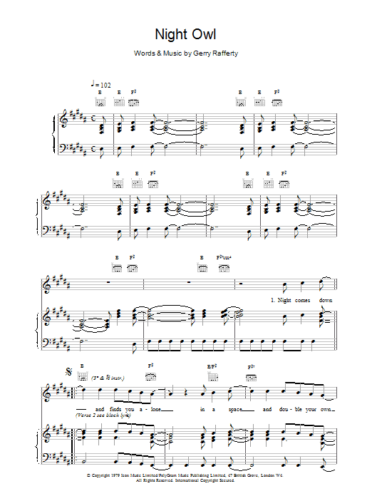 Download Gerry Rafferty Night Owl Sheet Music and learn how to play Piano, Vocal & Guitar (Right-Hand Melody) PDF digital score in minutes