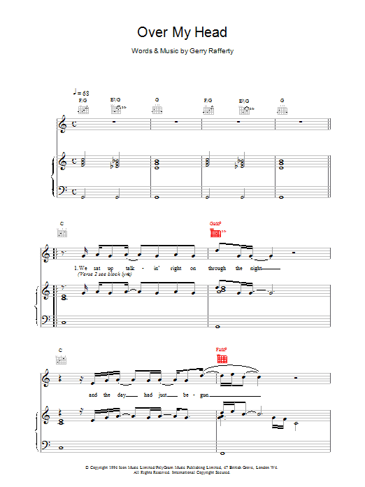 Download Gerry Rafferty Over My Head Sheet Music and learn how to play Piano, Vocal & Guitar (Right-Hand Melody) PDF digital score in minutes
