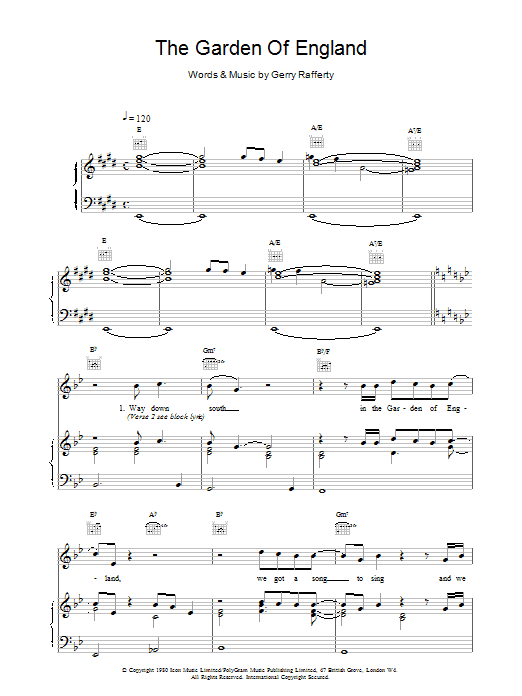 Download Gerry Rafferty The Garden Of England Sheet Music and learn how to play Piano, Vocal & Guitar (Right-Hand Melody) PDF digital score in minutes