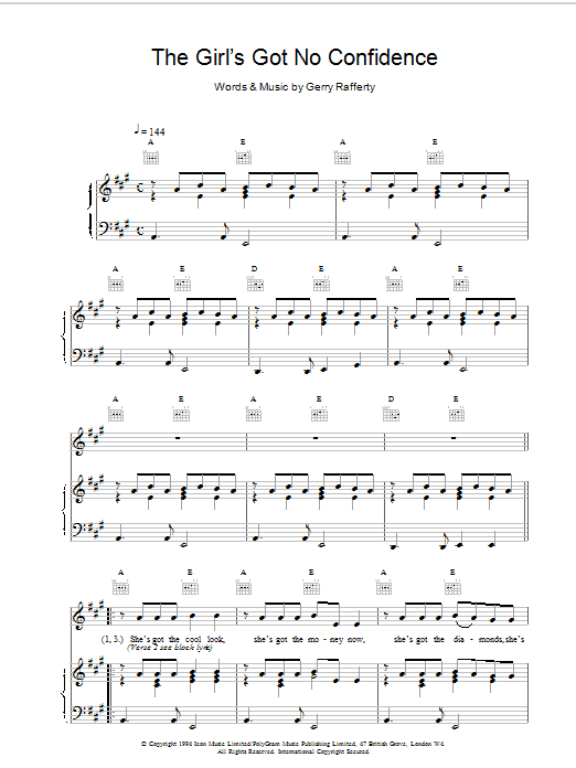 Download Gerry Rafferty The Girl's Got No Confidence Sheet Music and learn how to play Piano, Vocal & Guitar (Right-Hand Melody) PDF digital score in minutes