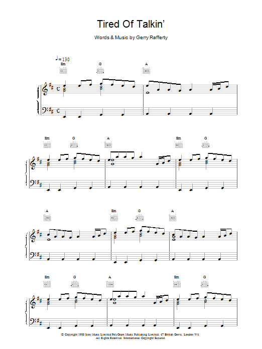 Download Gerry Rafferty Tired Of Talkin' Sheet Music and learn how to play Piano, Vocal & Guitar (Right-Hand Melody) PDF digital score in minutes