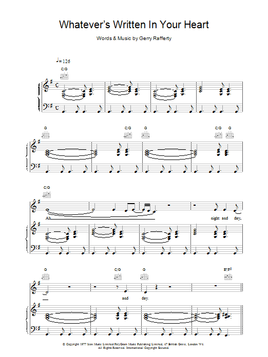 Download Gerry Rafferty Whatever's Written In Your Heart Sheet Music and learn how to play Piano, Vocal & Guitar (Right-Hand Melody) PDF digital score in minutes