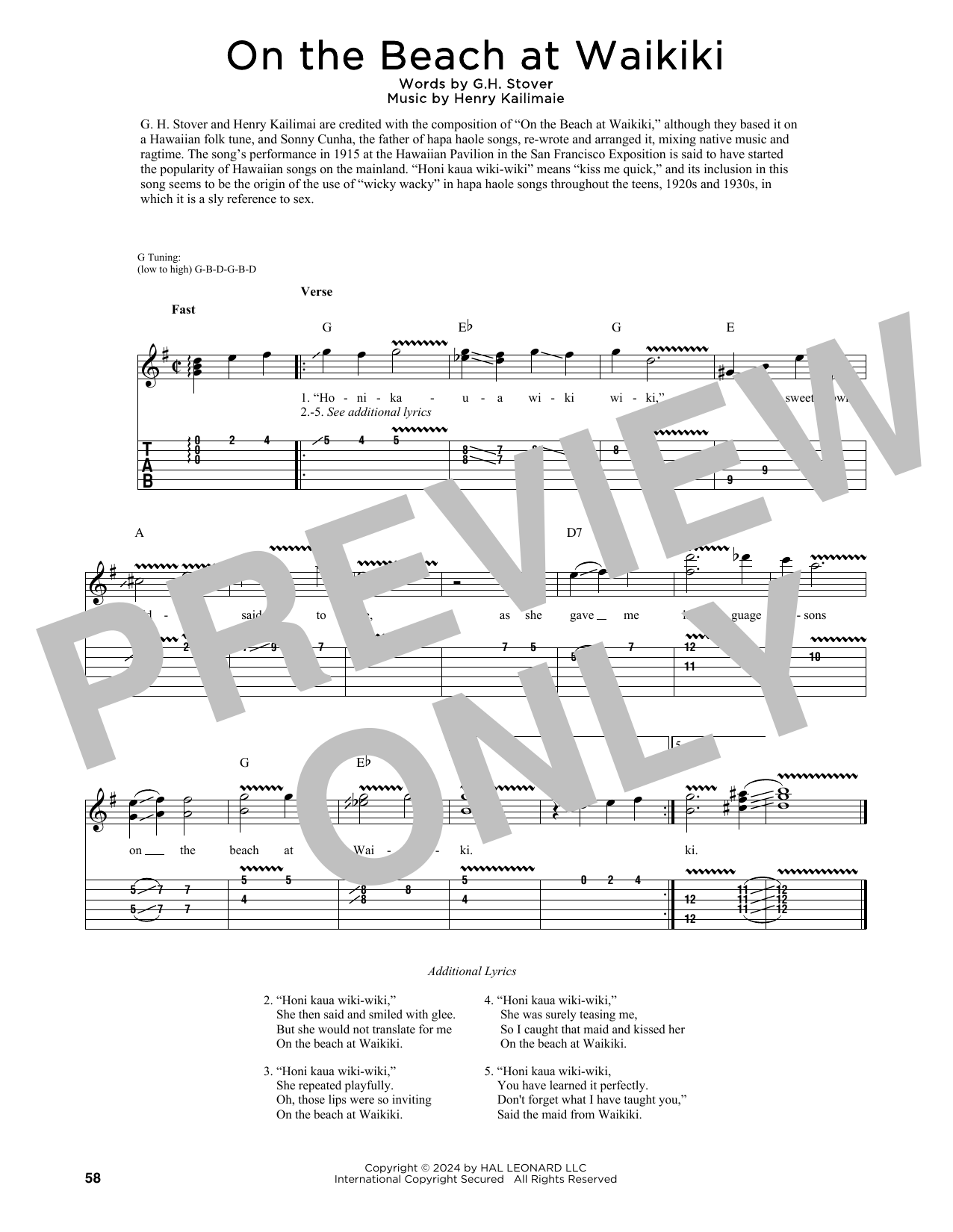 Download G.H. Stover On The Beach At Waikiki (arr. Fred Sokolow) Sheet Music and learn how to play Guitar Tab PDF digital score in minutes