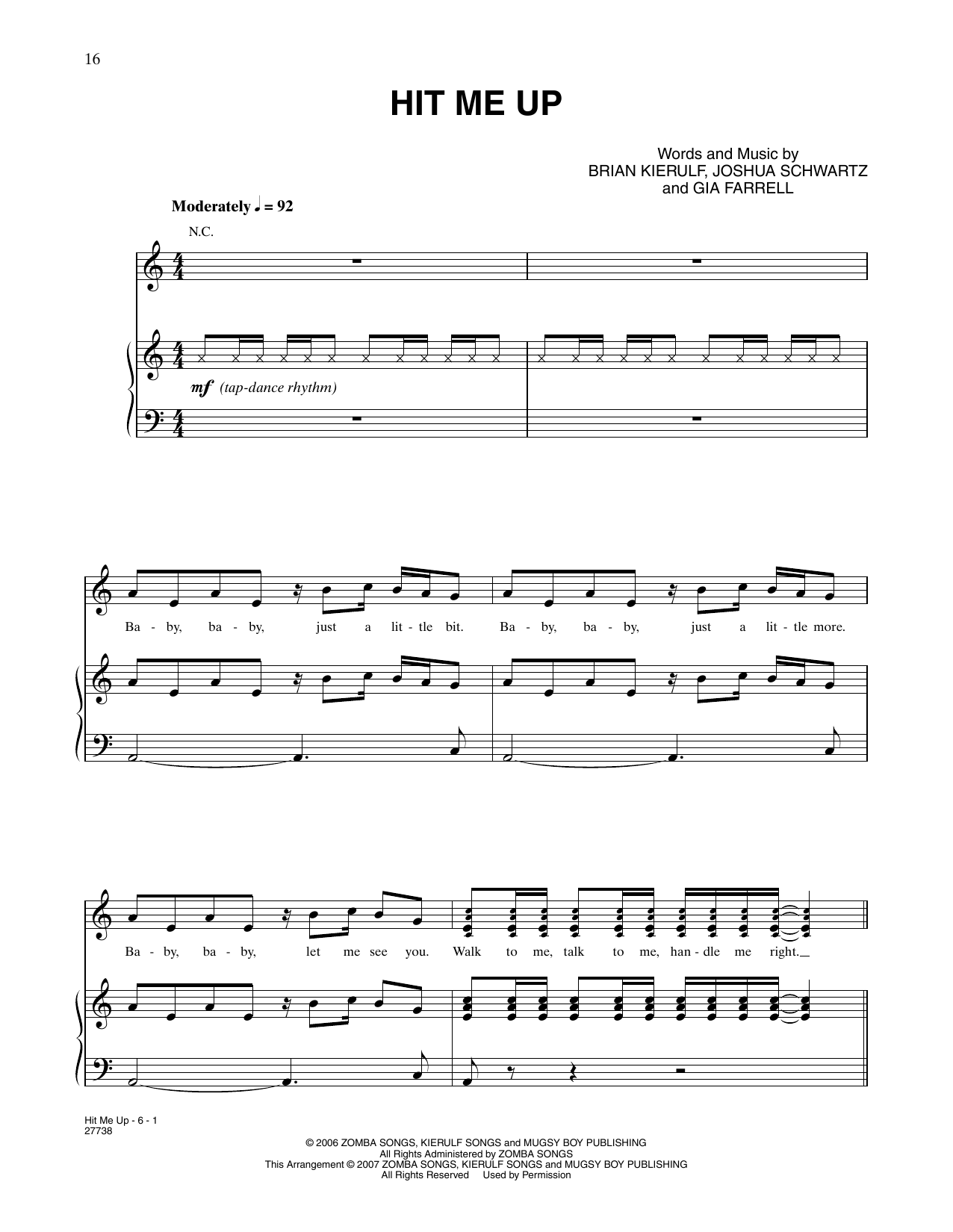 Download Gia Farrell Hit Me Up (from Happy Feet) Sheet Music and learn how to play Piano, Vocal & Guitar Chords (Right-Hand Melody) PDF digital score in minutes