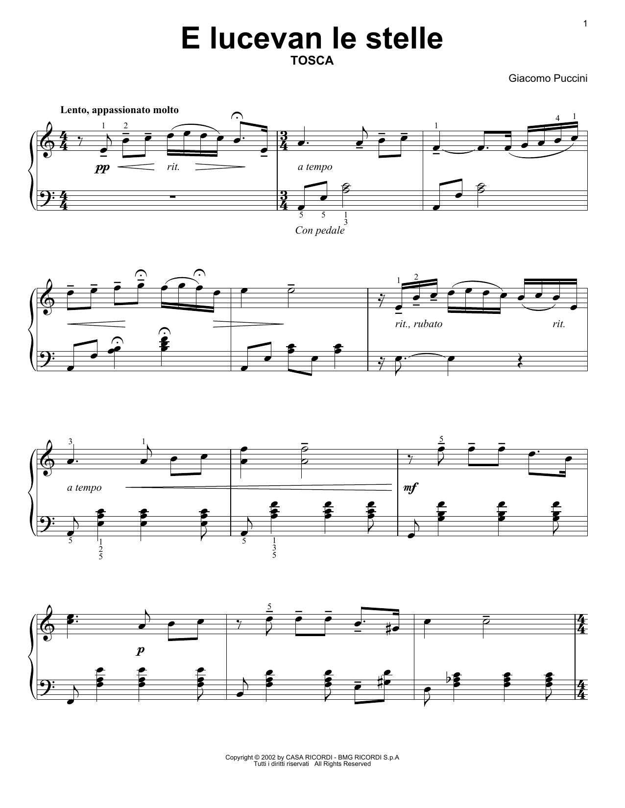 Download Giacomo Puccini E lucevan le stelle Sheet Music and learn how to play Piano Solo PDF digital score in minutes