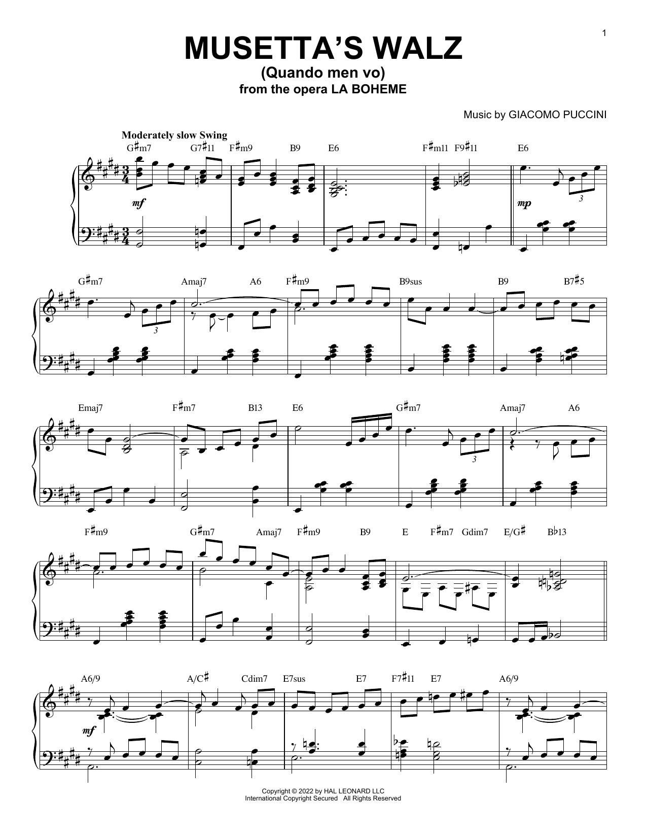 Download Giacomo Puccini Musetta's Waltz (Quando Men Vo) [Jazz version] (arr. Brent Edstrom) Sheet Music and learn how to play Piano Solo PDF digital score in minutes