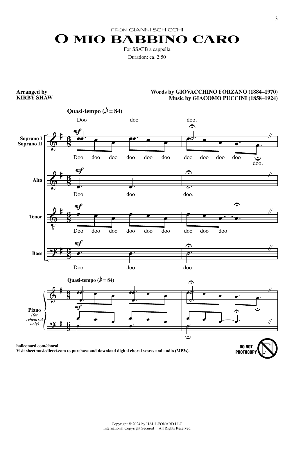 Download Giacomo Puccini O Mio Babbino Caro (arr. Kirby Shaw) Sheet Music and learn how to play SSATB Choir PDF digital score in minutes