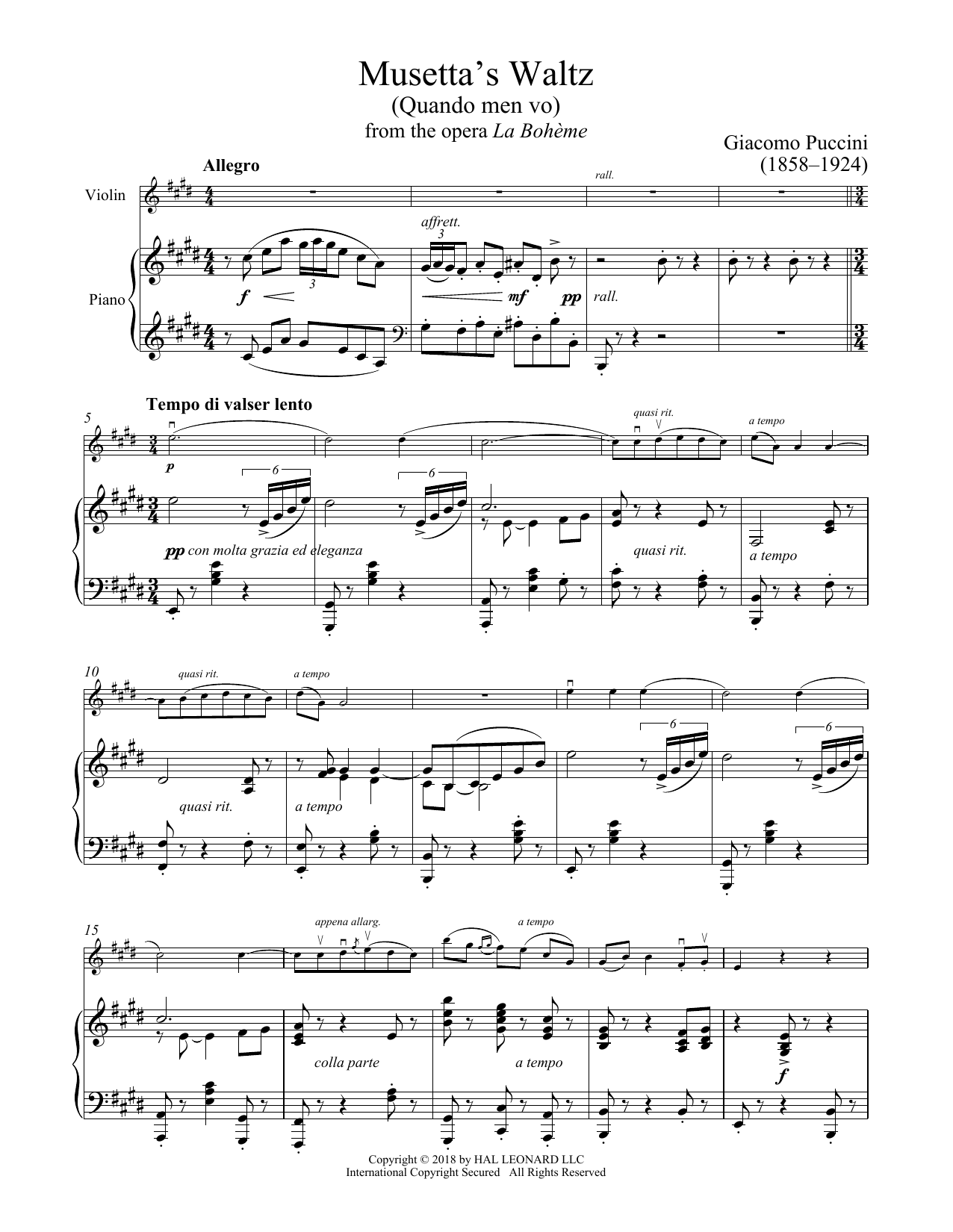 Download Giacomo Puccini Quando Men Vo Sheet Music and learn how to play Violin and Piano PDF digital score in minutes
