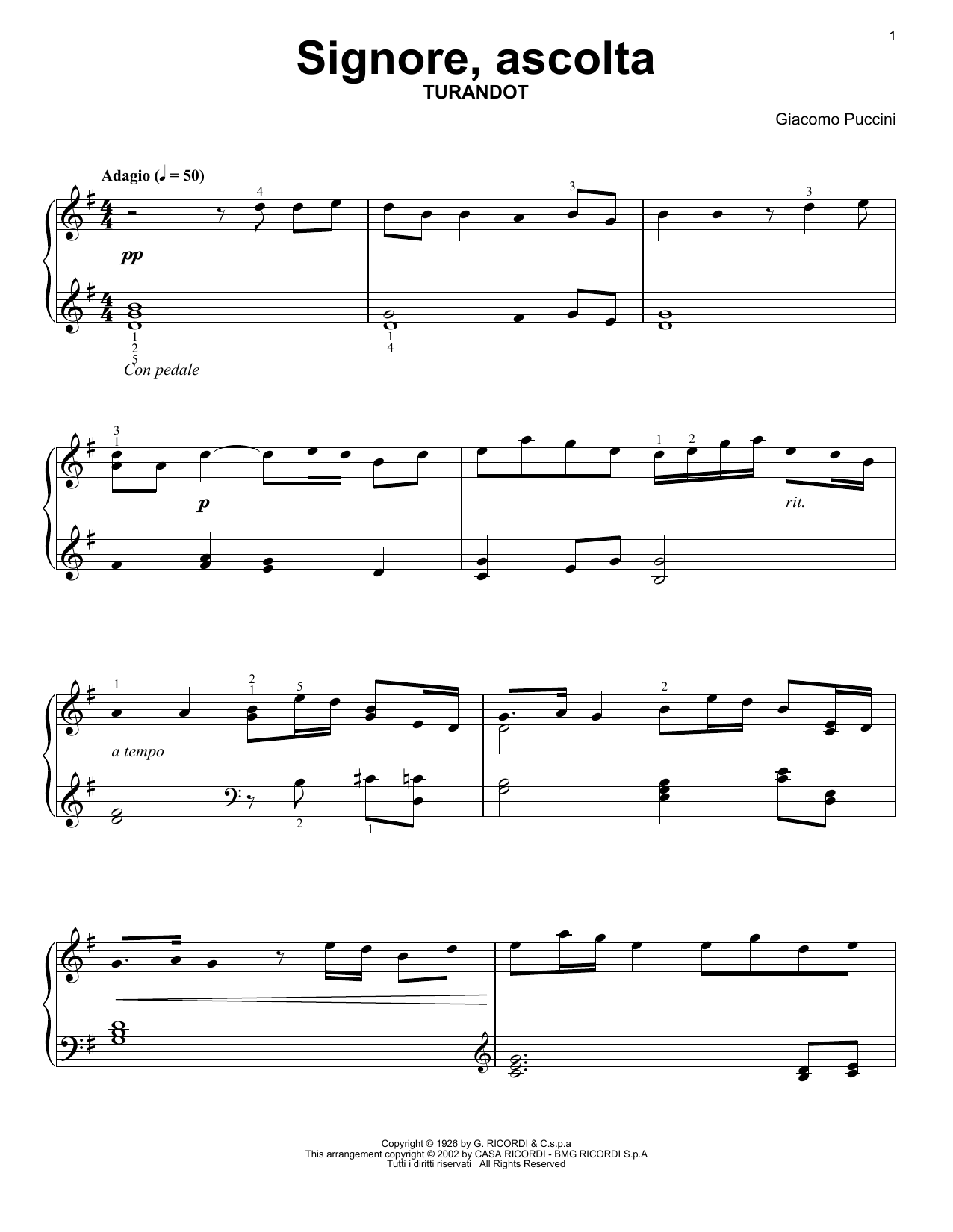 Download Giacomo Puccini Signore Ascolta (from Turandot) Sheet Music and learn how to play Easy Piano Solo PDF digital score in minutes