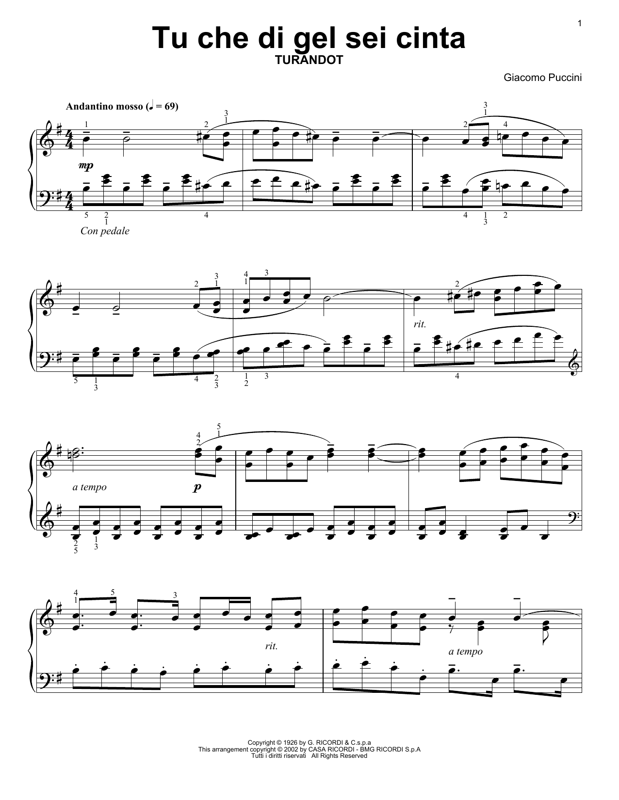 Download Giacomo Puccini Tu Che Di Gel Sei Cinta (from Turandot) Sheet Music and learn how to play Easy Piano Solo PDF digital score in minutes