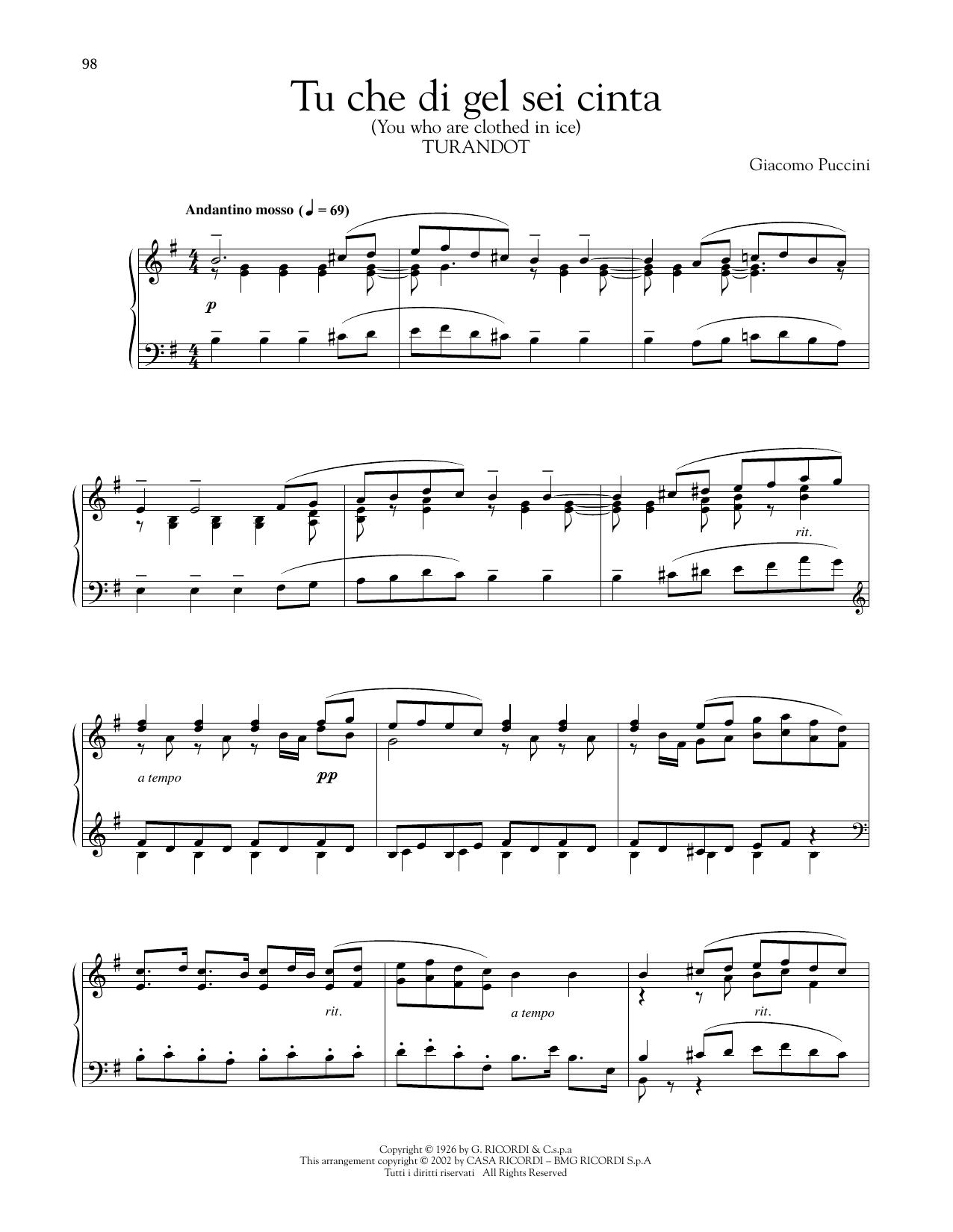 Download Giacomo Puccini Tu che di gel sei cinta Sheet Music and learn how to play Piano Solo PDF digital score in minutes