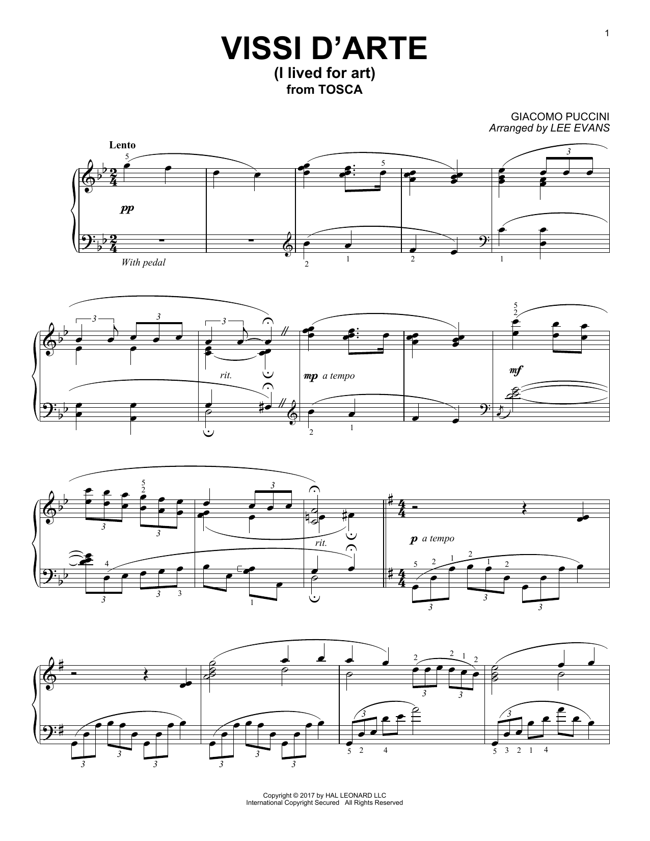 Download Lee Evans Vissi D'arte Sheet Music and learn how to play Piano PDF digital score in minutes