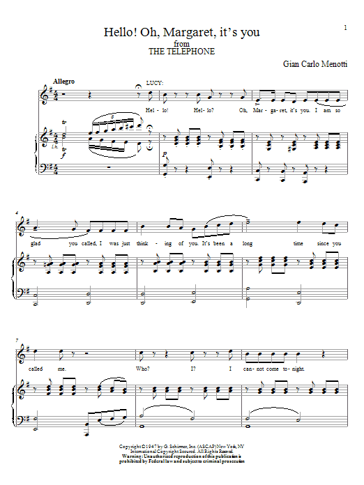 Download Gian Carlo Menotti Hello! Oh, Margaret, It's You Sheet Music and learn how to play Piano, Vocal & Guitar (Right-Hand Melody) PDF digital score in minutes