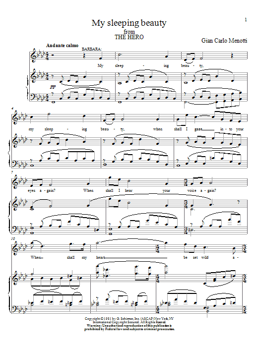 Download Gian Carlo Menotti My Sleeping Beauty Sheet Music and learn how to play Piano, Vocal & Guitar (Right-Hand Melody) PDF digital score in minutes