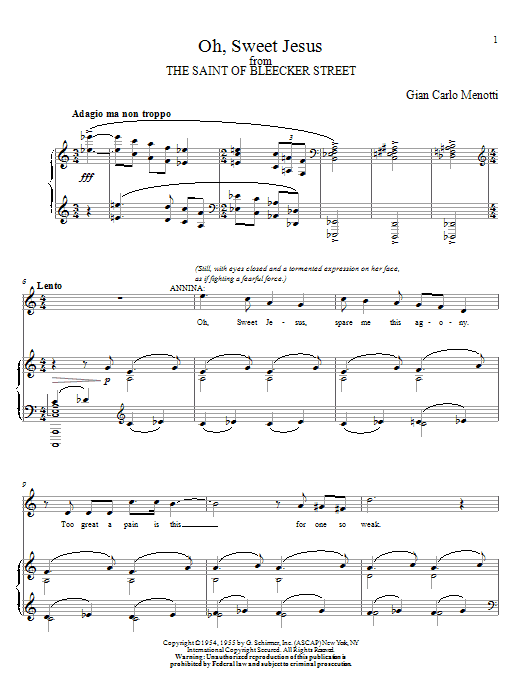 Download Gian Carlo Menotti Oh, Sweet Jesus Sheet Music and learn how to play Piano, Vocal & Guitar (Right-Hand Melody) PDF digital score in minutes