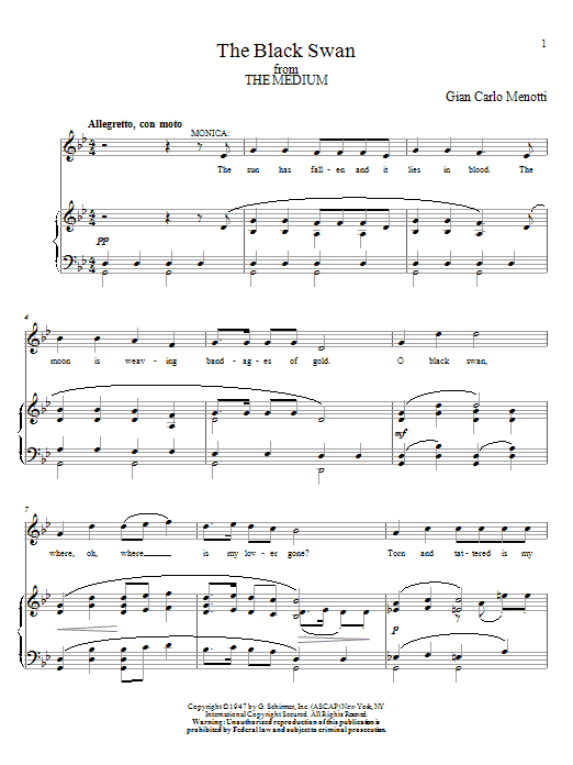 Download Gian Carlo Menotti The Black Swan Sheet Music and learn how to play Piano, Vocal & Guitar (Right-Hand Melody) PDF digital score in minutes